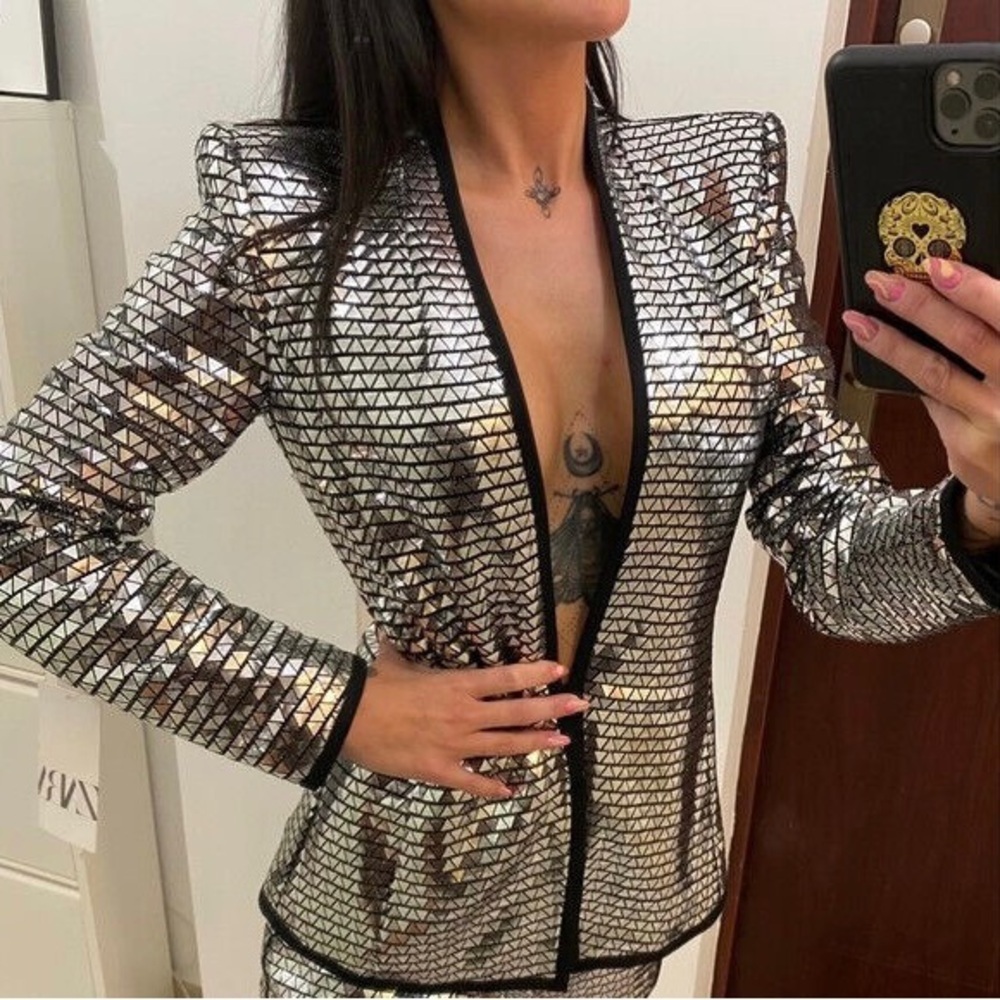 NWOT ZARA Silver Metallic Triangle Trinny Blogger Fave Blazer Jacket XS X-Small